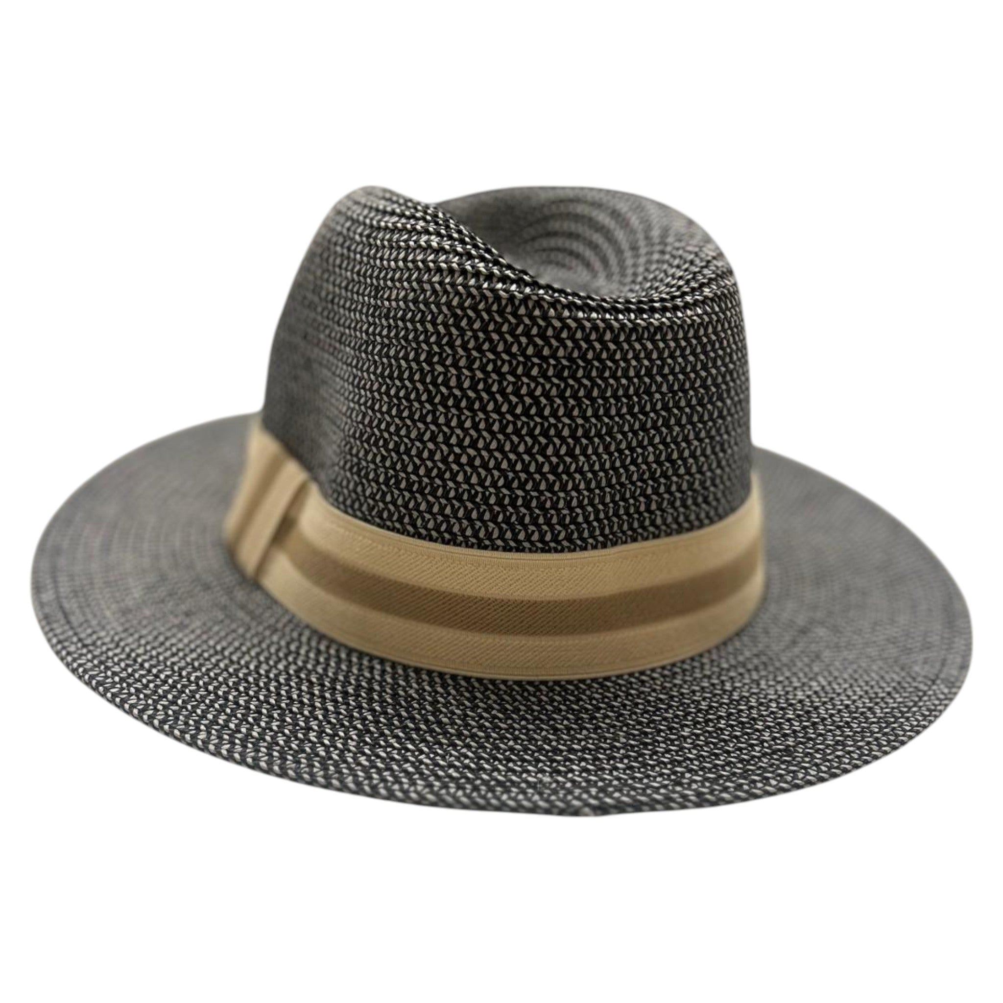 Nicky Adams men's black woven Panama-style hat with wide brim and beige striped band – breathable summer sun hat for holidays, travel, and countrywear fashion.